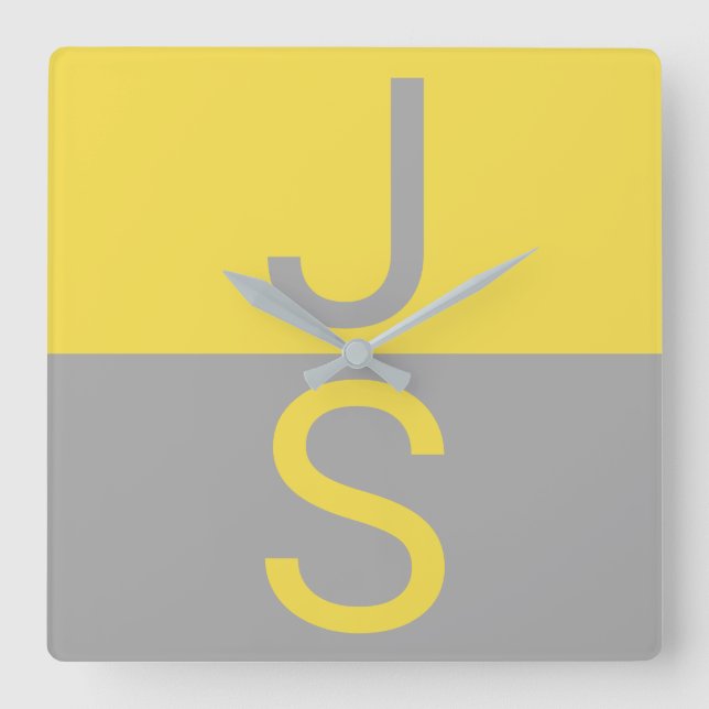 Yellow & Grey Modern Initials Monogram Square Wall Clock (Front)