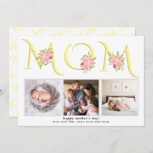 Yellow, grey MOM typography photo Mothers Day Holiday Card