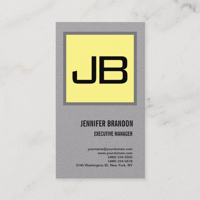Yellow Grey Monogram Minimalist Modern Plain Business Card (Front)