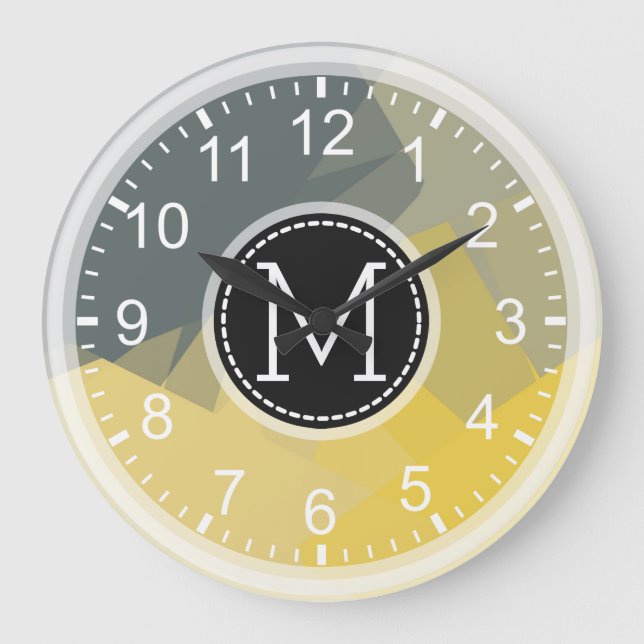 Yellow Grey Mosaic Modern Monogram Large Clock (Front)