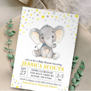 Yellow Grey Neutral Polka Dot Elephant Baby Shower Invitation