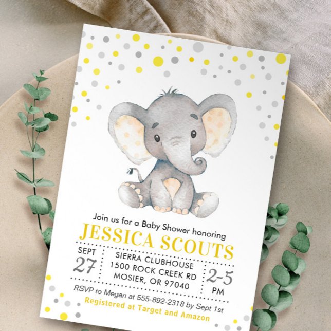 Yellow Grey Neutral Polka Dot Elephant Baby Shower Invitation (Creator Uploaded)