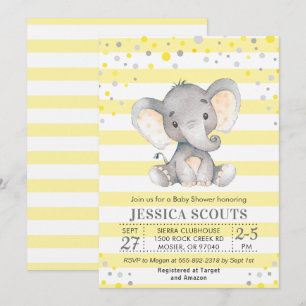 Yellow Grey Neutral Polka Dot Elephant Baby Shower Invitation