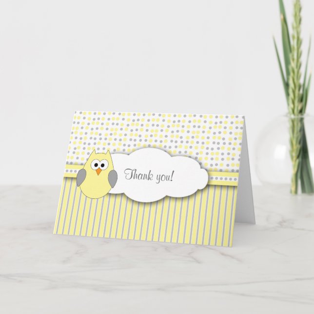 Yellow Grey Owl Mod Baby Shower Thank you note Card (Front)