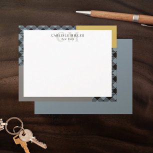 Yellow Grey Plaid Colorblock Monogram Name City Card