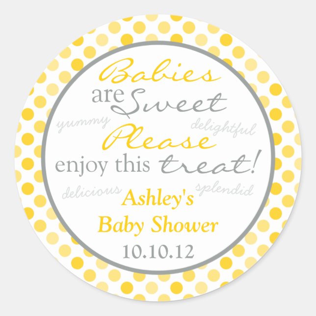 Yellow Grey Polka Dot Candy Buffet Baby Shower Classic Round Sticker (Front)