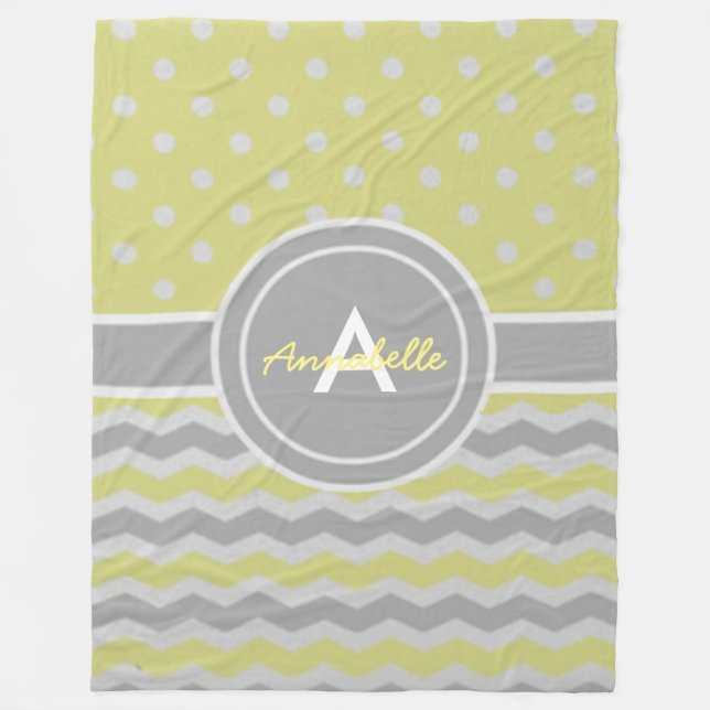 Yellow Grey Polka Dot Chevron Fleece Blanket (Front)