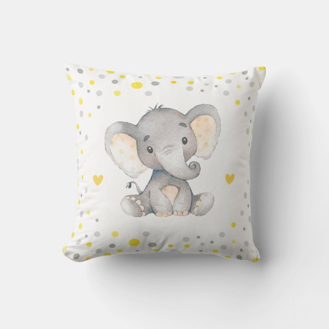 Yellow Grey Polka Dot Elephant Baby Shower Nursery Cushion (Front)