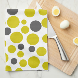 yellow grey polka dots on a white background tea towel
