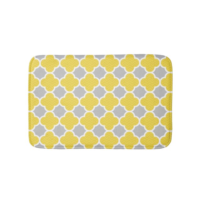 Yellow & Grey Quatrefoil Geometric Pattern Bath Mat (Front)