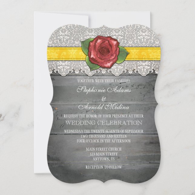Yellow Grey Rustic Wood Rose Wedding Invite (Front)