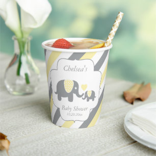 Yellow & Grey Stripes Baby Elephant Baby Shower Paper Cups