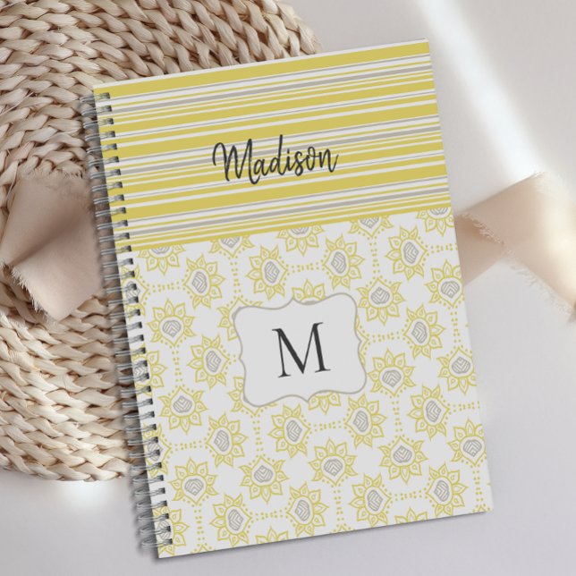Yellow Grey Stripes Bee Trendy Monogram Planner (Creator Uploaded)