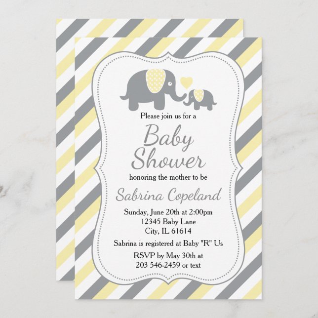 Yellow & Grey Stripes Elephant  | Baby Shower Invitation (Front/Back)