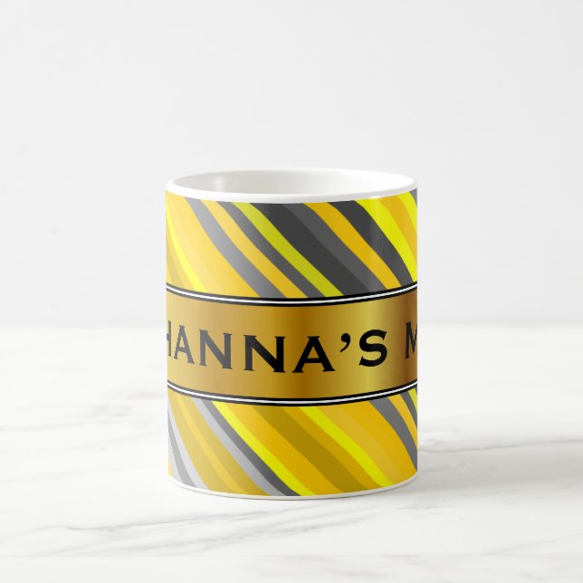 Yellow & Grey Stripes Pattern + Custom Name Mug (Center)