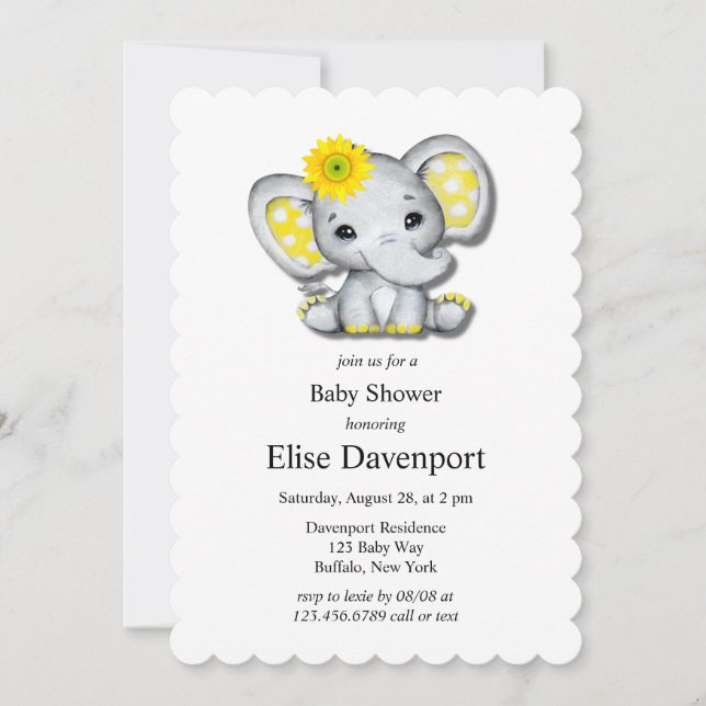 Yellow Grey Sunflower Elephant Baby Shower Invitation (Front)