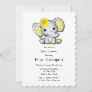 Yellow Grey Sunflower Elephant Baby Shower Invitation