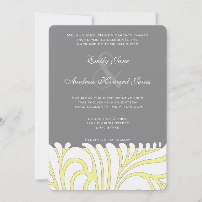 Yellow & Grey Swirl Pattern Wedding Invitation (Front)