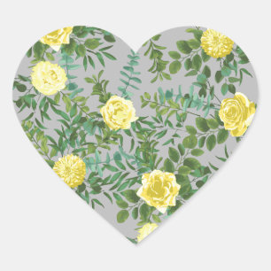 Yellow & Grey Vintage Elegant Floral Wedding Heart Sticker