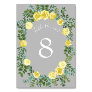 Yellow & Grey Vintage Elegant Floral Wedding Table Number