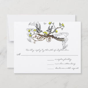 Yellow & Grey Vintage Love Birds Wedding RSVP