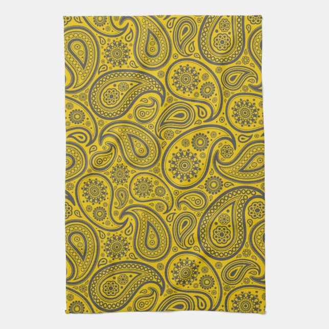 Yellow & Grey Vintage Paisley Damasks Tea Towel (Vertical)
