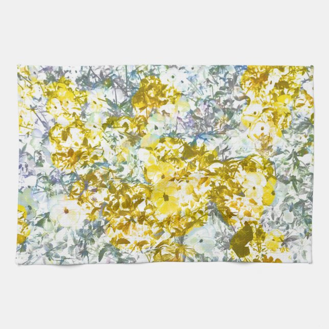 Yellow grey water colour flower pattern design tea towel (Horizontal)