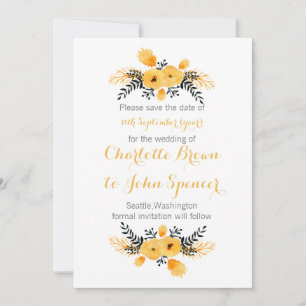 yellow grey watercolor floral save the dates date