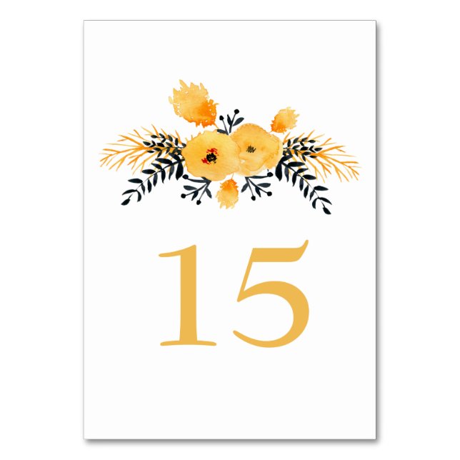 yellow grey watercolor floral wedding table number (Front)