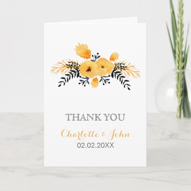 yellow grey watercolor floral wedding Thank You Card (Front)