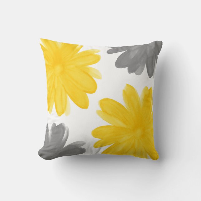 Yellow Grey Watercolor Flowers Cushion (Front)