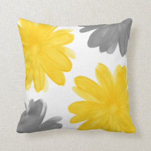 Yellow Grey Watercolor Flowers Cushion