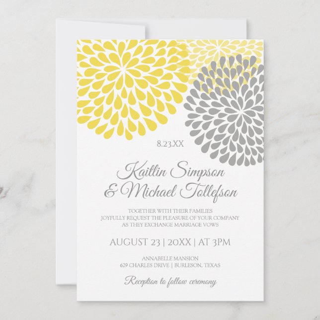Yellow & Grey Wedding Invitations | Floral & Fun (Front)