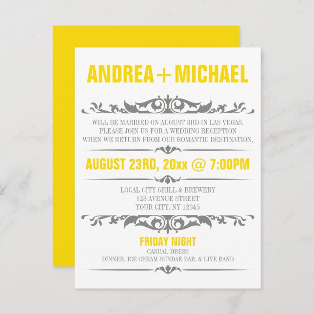 Yellow & Grey Wedding Reception ONLY Invitations (Front/Back)