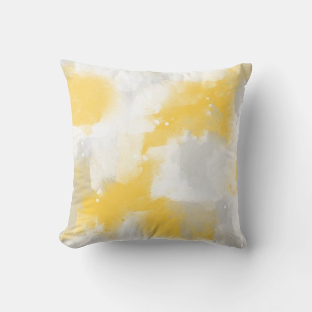 Yellow Grey & White Abstract Brushstrokes Cushion (Front)