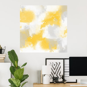 Yellow Grey & White Abstract Brushstrokes Poster