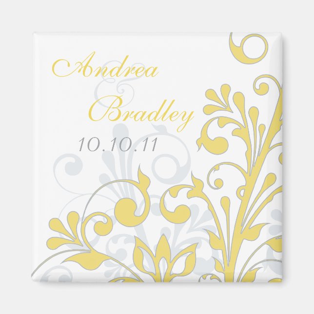 Yellow, Grey, White Abstract Floral Wedding Magnet (Front)