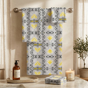 Yellow Grey White Arabesque Geometric Pattern Bath Towel Set