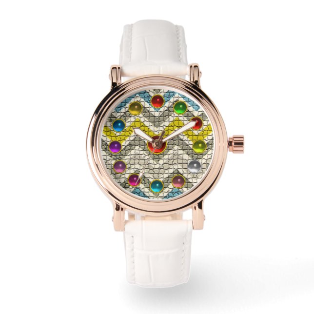 YELLOW GREY WHITE CHEVRONS AND COLORFUL GEMSTONES WATCH (Front)