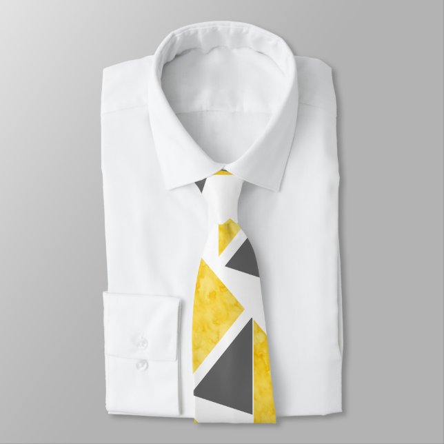 Yellow Grey White Colour Block Pattern Tie (Tied)