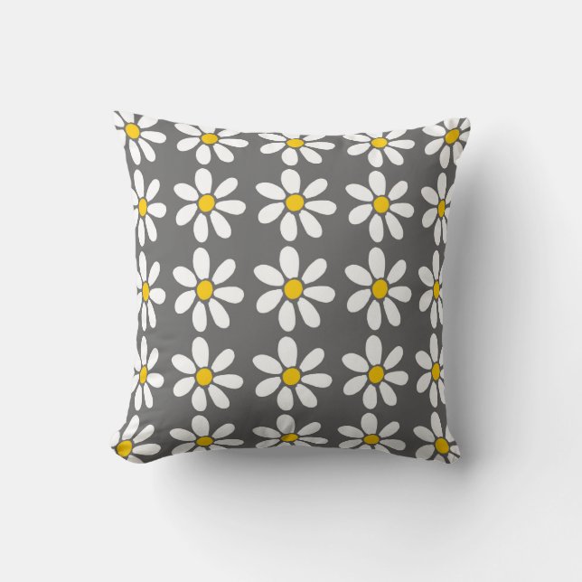 Yellow Grey White Daisy Pattern Cushion (Front)