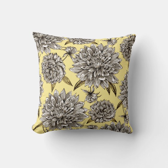 Yellow Grey & White Decorative Mum Floral Pattern Cushion (Front)