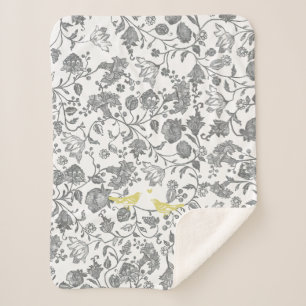 Yellow Grey White Floral Bird Farmhouse Pattern Sherpa Blanket