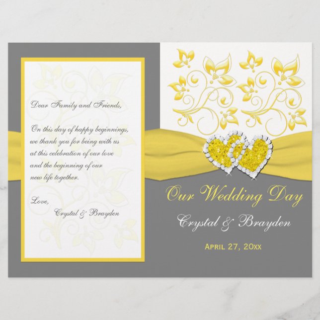 Yellow, Grey, White Floral, Hearts Wedding Program (Front)
