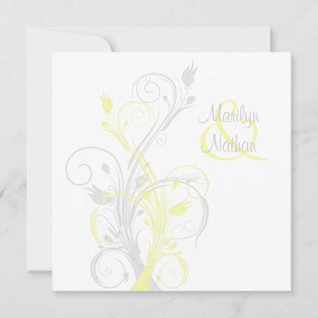 Yellow Grey White Floral Square Wedding Invitation (Front)