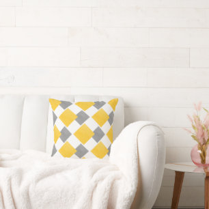 Yellow Grey White Geometric Block Pattern Cushion