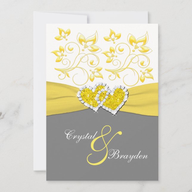 Yellow, Grey, White Joined Hearts Wedding Invite (Front)