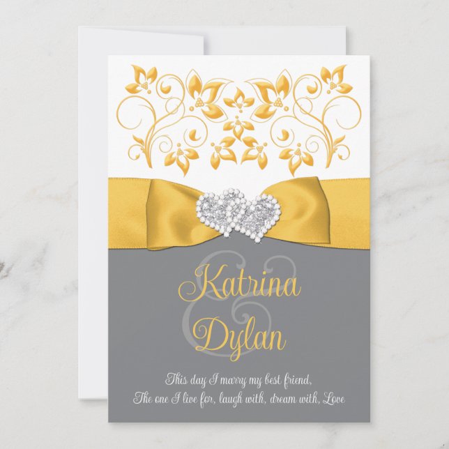 Yellow, Grey, White Love Hearts Wedding Invitation (Front)