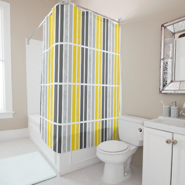 Yellow Grey White Striped Pattern Shower Curtain (In Situ)