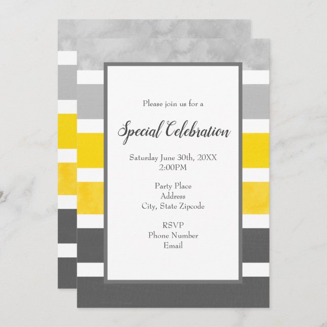 Yellow Grey White Stripes Invitation (Front/Back)